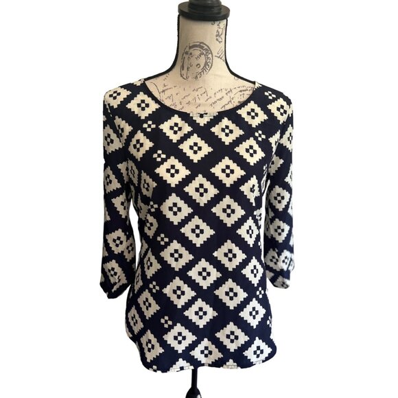 Timing Blue & White Geometric Print Three Quarter Sleeve Blouse M Office Career - Picture 1 of 8
